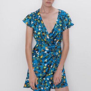ZARA Blue Floral Wrap Mini Dress Size S